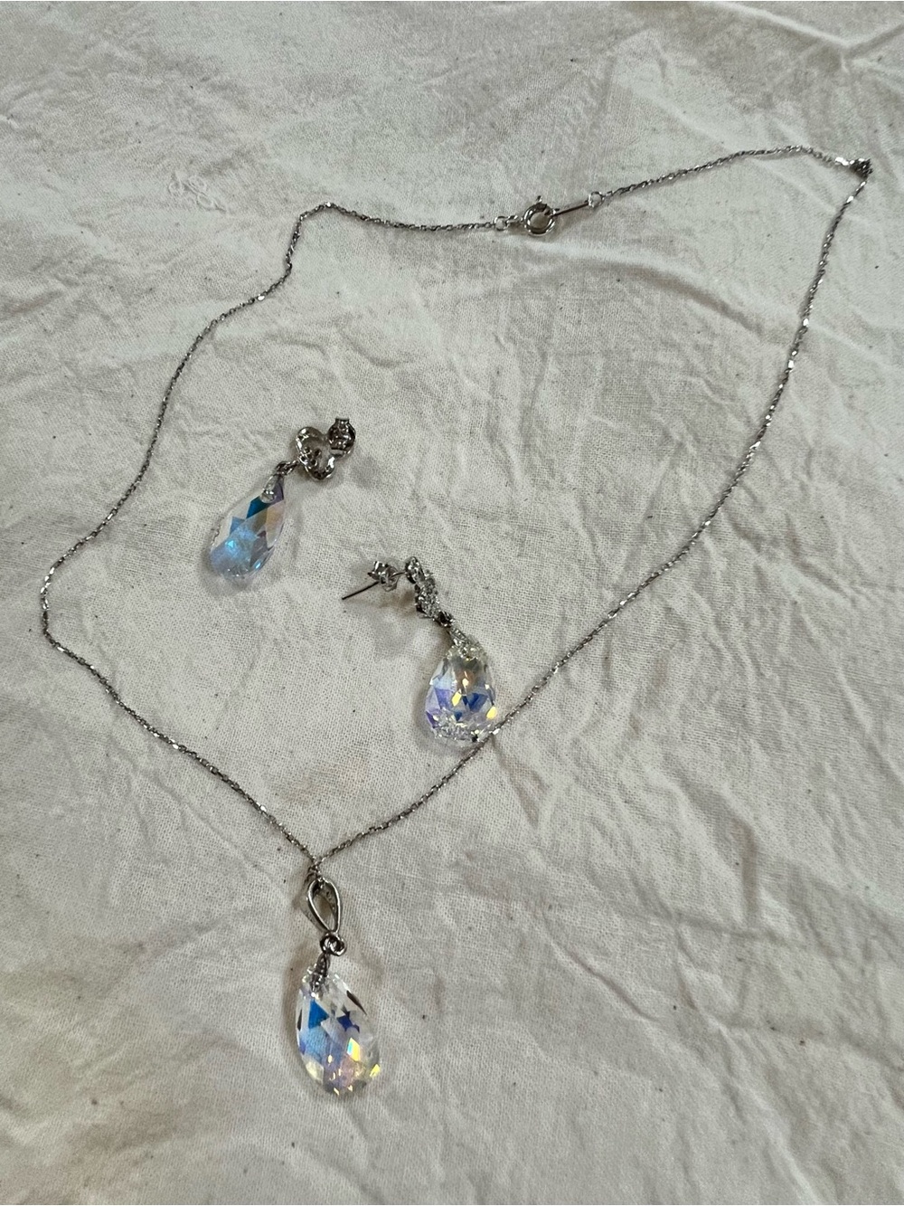 J. Crew Silver-Tone Necklace with Clear Iridescent Teardrop Pendant